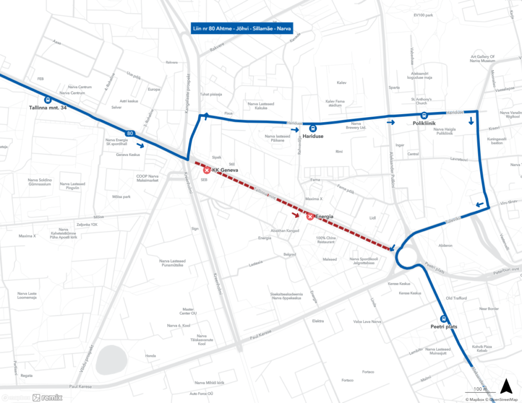 Narva Gümnaasiumite ettepanekul muutub alates 12.02.2024 liini nr 80 teekond Narva linna sissesõidul. Peale Tempo ja Tallinna mnt 34 peatuseid on järgnevad peat